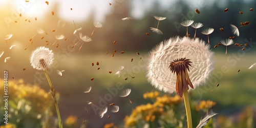 AI Generated. AI Generative. Seeded dandelion wild flower on field blowing. Nature outdoor wildflower adventure vacation landscape. Graphic Art © AkimD