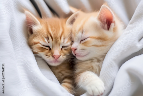 Two stripped cute little kittens sleeping cuddled up on a bed in light colors. Baby cats hugging each over on white fabric. Generative AI photo. © dinastya