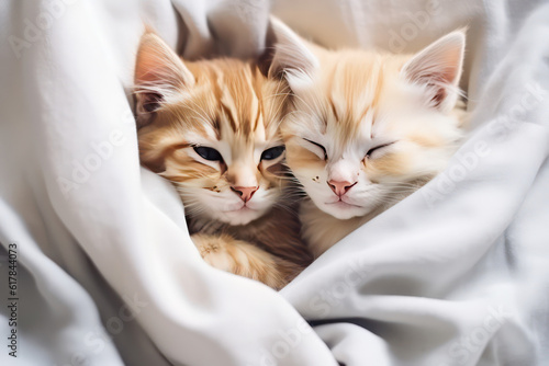 Two stripped cute little kittens sleeping cuddled up on a bed in light colors. Baby cats hugging each over on white fabric. Generative AI photo.