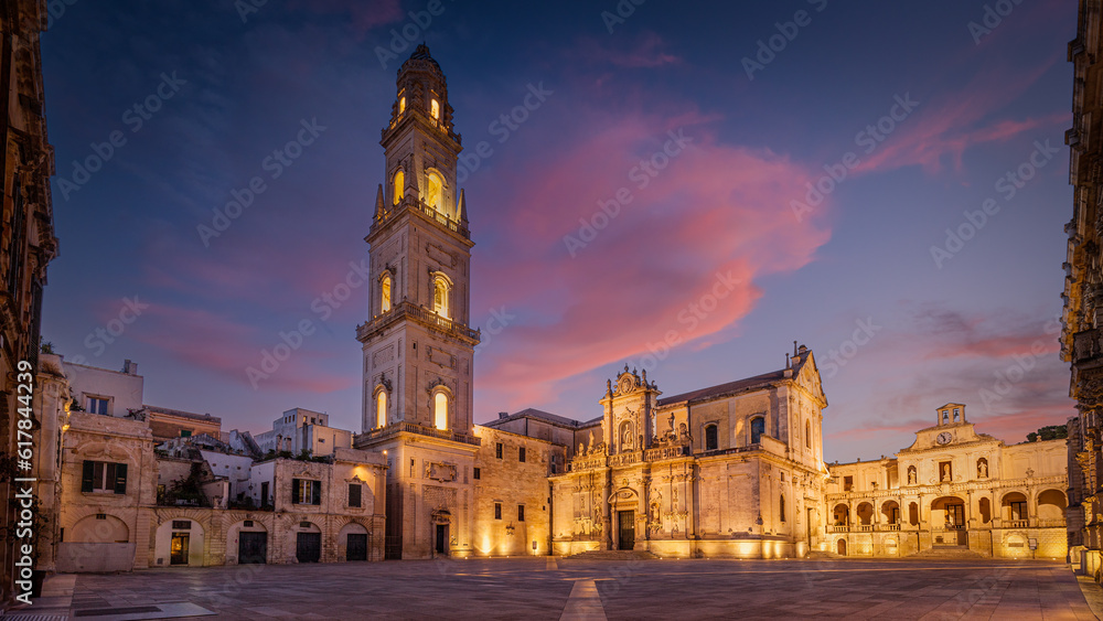 Duomo Square with the Cathedral of St. Mary Assumption (Santa Maria Assunta), the Bell Tower and the Archbishop's Palace, Lecce, Italy - obrazy, fototapety, plakaty 