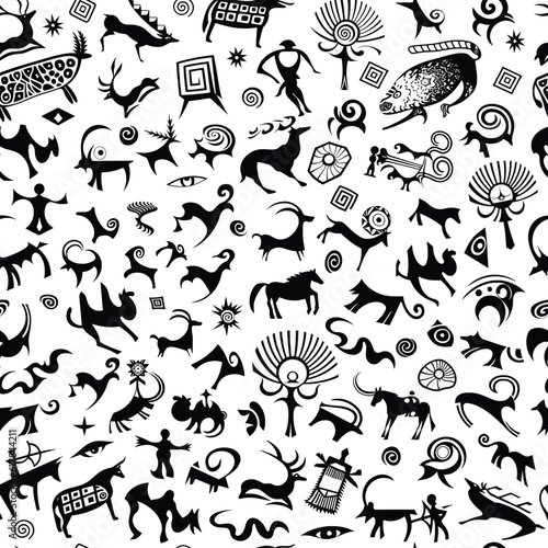 A series of petroglyphs, cave drawings, vector design, seamless pattern