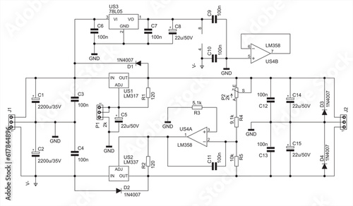 Schematic diagram of electronic device. Vector drawing electrical circuit with operational amplifier, resistor, capacitor, diode and other components.