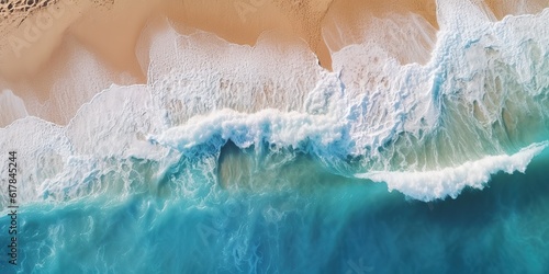 AI Generated. AI Generative. Top aerial drone air above view of ocean sea waves beach. Island vacation adventure surfing tropical vibe. Graphic Art