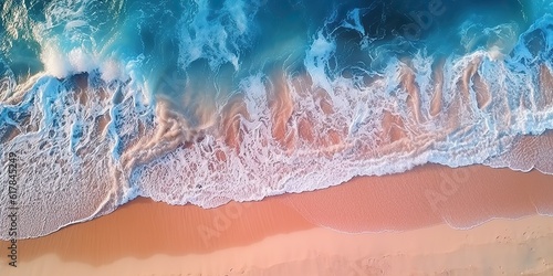 AI Generated. AI Generative. Top aerial drone air above view of ocean sea waves beach. Island vacation adventure surfing tropical vibe. Graphic Art