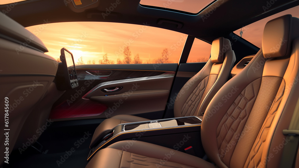 Rear seats in the interior of a luxury car, created by a neural network. Generative AI