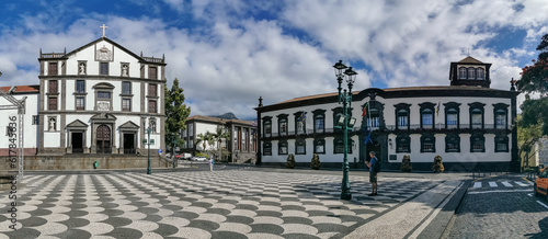 Panoramic view at the Municipal Square or Praça do Municipio, a central square located on Funchal downtown, public buildings, Madeira Island, Portugal