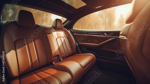 Rear seats in the interior of a luxury car, created by a neural network. Generative AI © Aghavni