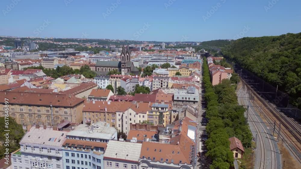 prague Railroad tracks city czech republic. Great aerial top view flight drone prague Railroad tracks city czech republic. Great aerial top view flight drone