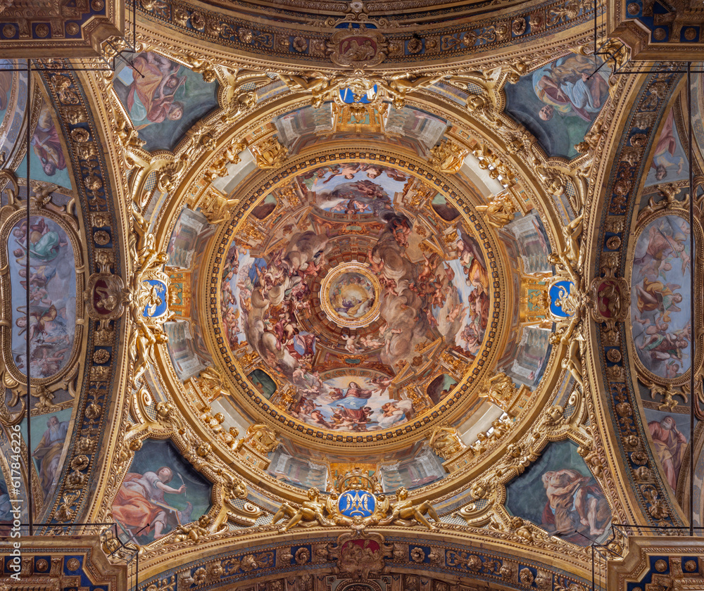 GENOVA, ITALY - MARCH 6, 2023: The Assumption in cupola of the church Basilica della Santissima Annunziata del Vastato by Andrea Ansaldo (1584–1638).