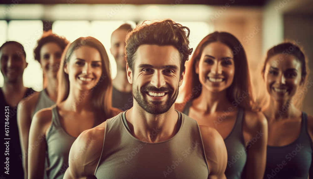 A large group of smiling young adults in sports clothing, exercising indoors with focus on foreground generated by AI A large group of smiling young adults in sports clothing, exercising indoors with focus on foreground generated by AI