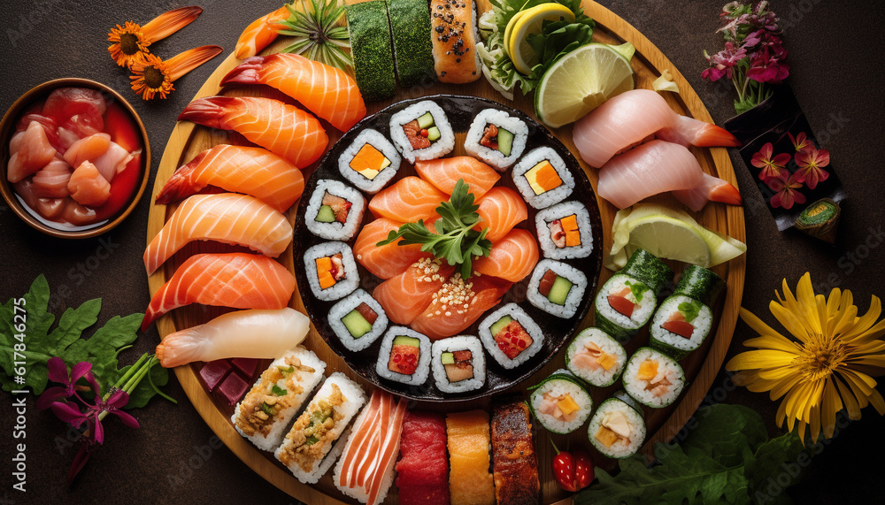 Fresh seafood plate with maki sushi, sashimi, and nigiri variations generated by AI