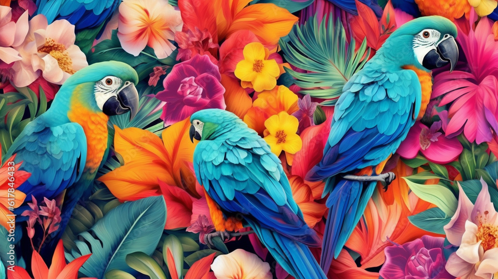 Obraz premium Tropical exotic pattern with parrots and flowers in bright colors. Generative AI