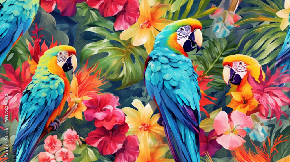 Tropical exotic pattern with parrots and flowers in bright colors. Generative AI