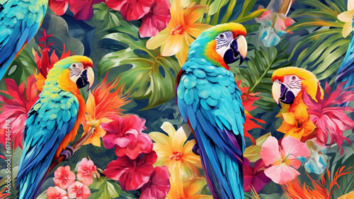 Tropical exotic pattern with parrots and flowers in bright colors. Generative AI © Aghavni