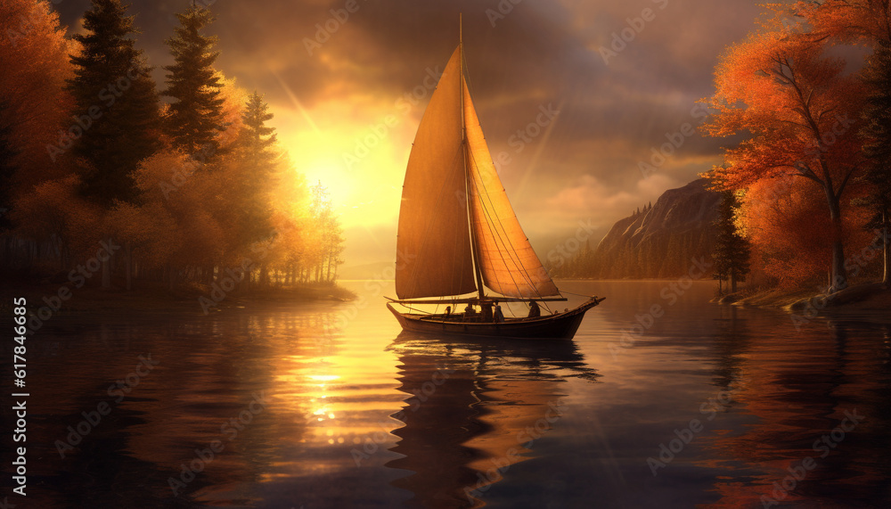 Sailing ship on tranquil water, back lit by sunset generated by AI