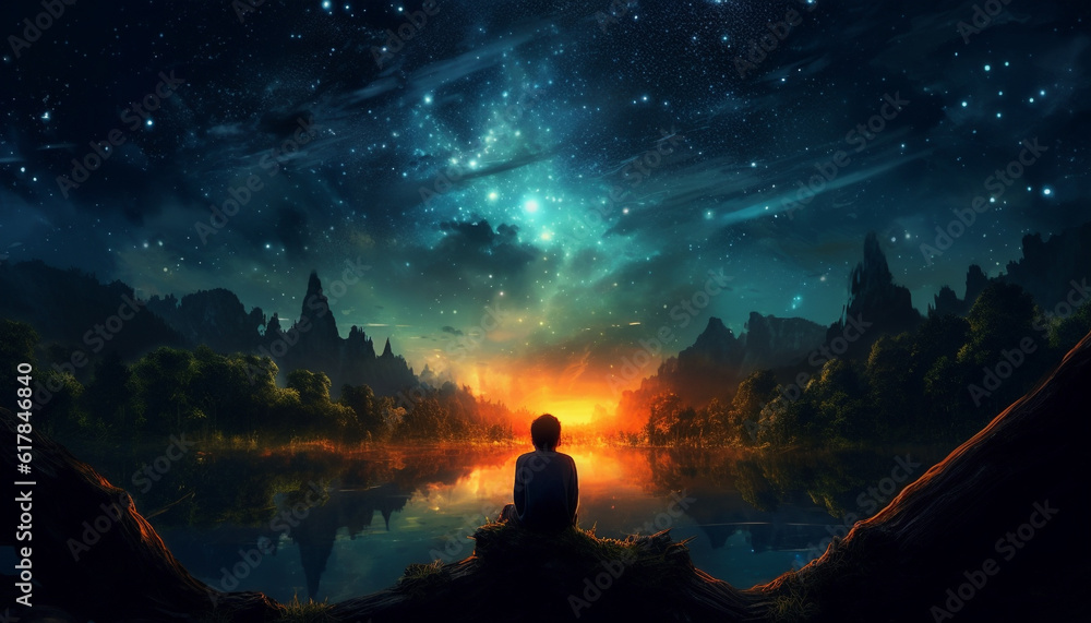 One person meditating in tranquil scene, surrounded by galaxy mystery generated by AI