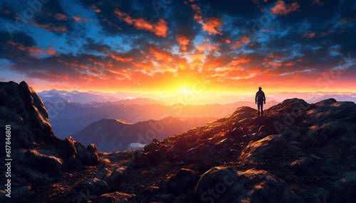 Silhouette of one person hiking mountain peak at sunrise generated by AI