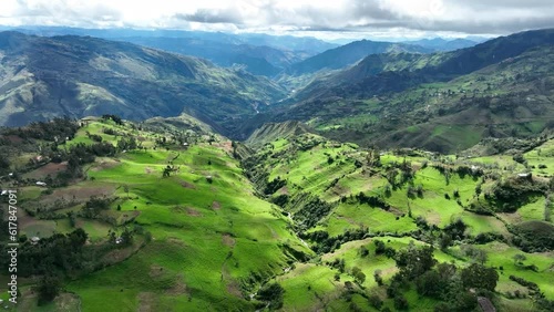Aereal view of mountains and grasslands in the Andes, Andean or Sierra geographical region of the Peru that extends from north to south through the Cordillera de los andes.