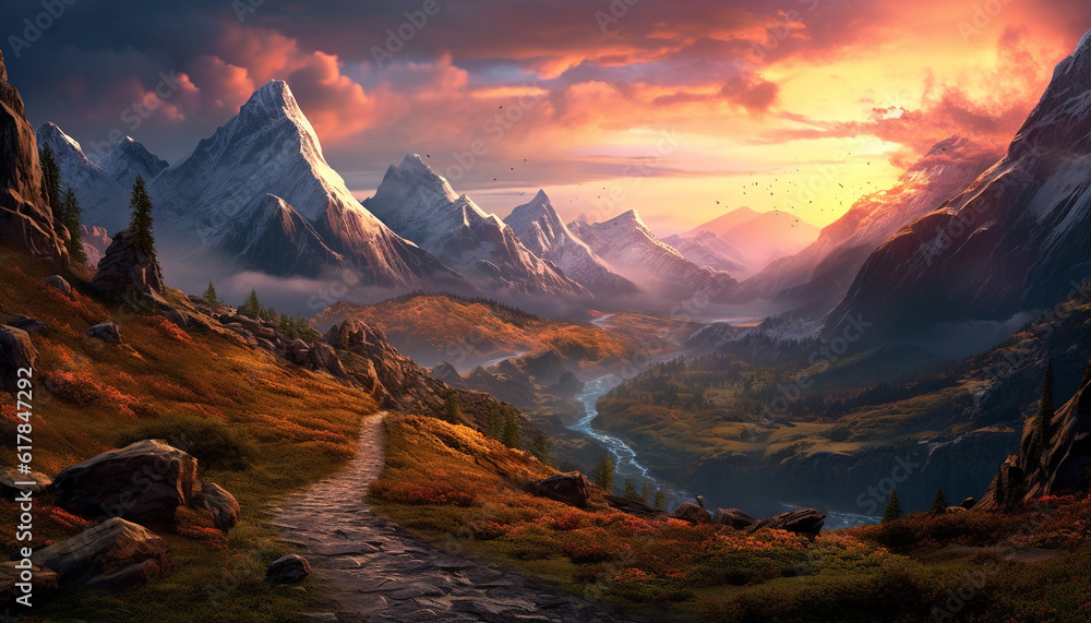 Majestic mountain range, tranquil meadow, and serene forest hiking adventure generated by AI
