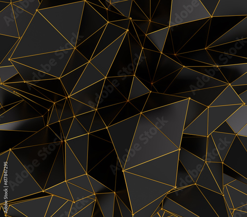 Abstract 3d black and gold geometrical background. Geometric low poly shape and dark background.
