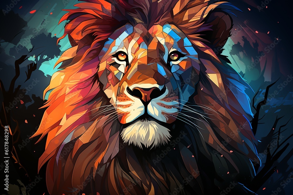 Silhouette colorful design of a lion head with sunset generated by AI