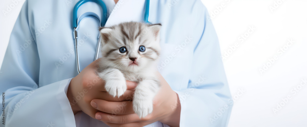 Little fluffy kitten in hands of veterinarian doctor in medical white coat with a stethoscope. Isolated on white background. Copy space, veterinary clinic banner. Generative AI photo. Little fluffy kitten in hands of veterinarian doctor in medical white coat with a stethoscope. Isolated on white background. Copy space, veterinary clinic banner. Generative AI photo.