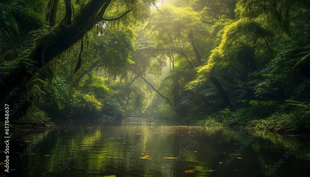 Tranquil scene of a tropical rainforest with a misty fog generated by AI Tranquil scene of a tropical rainforest with a misty fog generated by AI