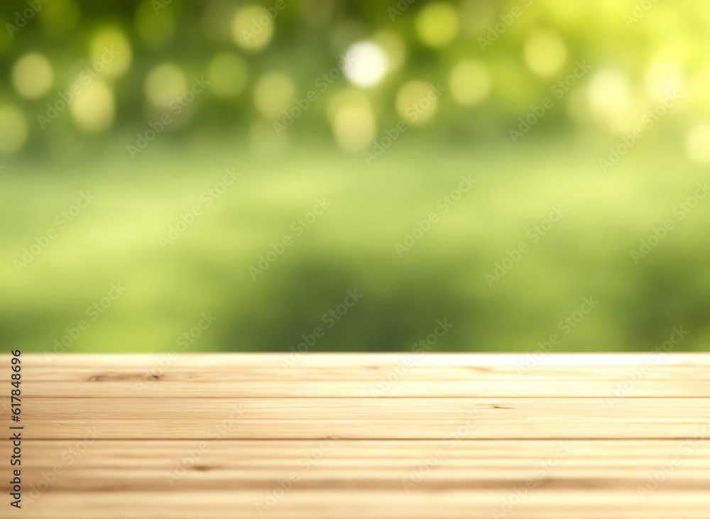 Table top on blurred green nature background, space for placing products Table top on blurred green nature background, space for placing products