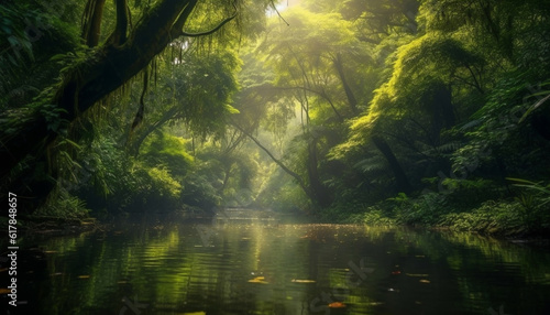 Tranquil scene of a tropical rainforest with a misty fog generated by AI
