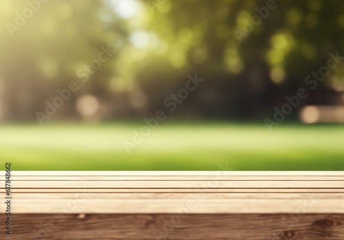 Empty Wooden table with blurred garden and lawn background  product display montage