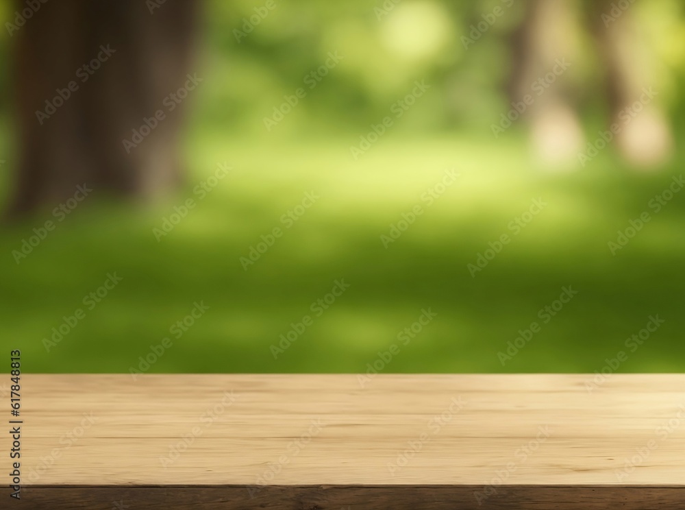 Table top on blurred backyard background, big tree, space for placing products Table top on blurred backyard background, big tree, space for placing products