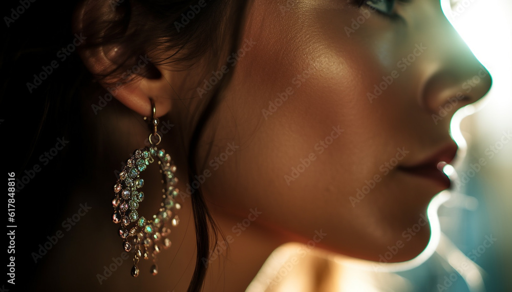 Beautiful young woman exudes glamour and elegance with shiny jewelry generated by AI