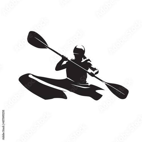 Canoeing, woman sitting in canoe, isolated vector silhouette, water sport
