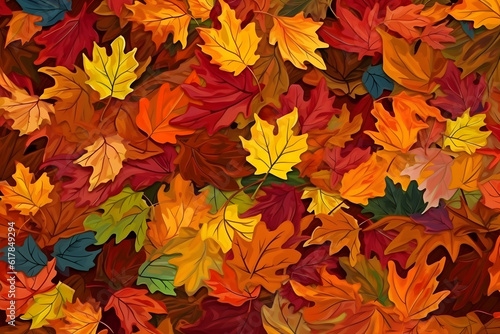Carpet of maple leaves. Colorful fall pattern. Generative AI