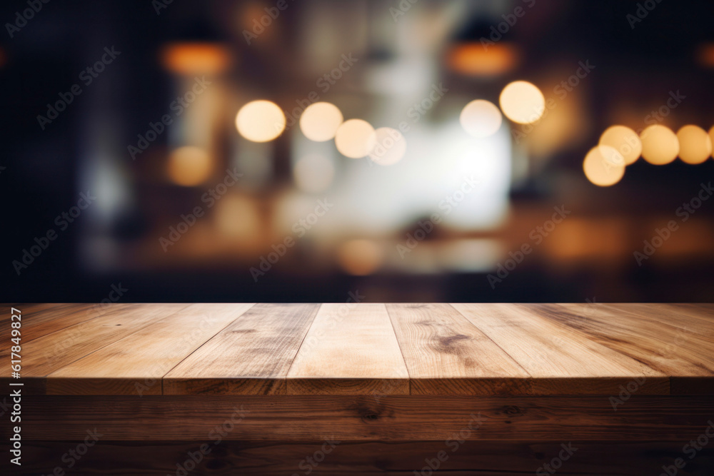 Beautiful empty brown wooden table top and blurred defocused modern kitchen cafe interior background with daylight flare, product montage display,banner, generative ai