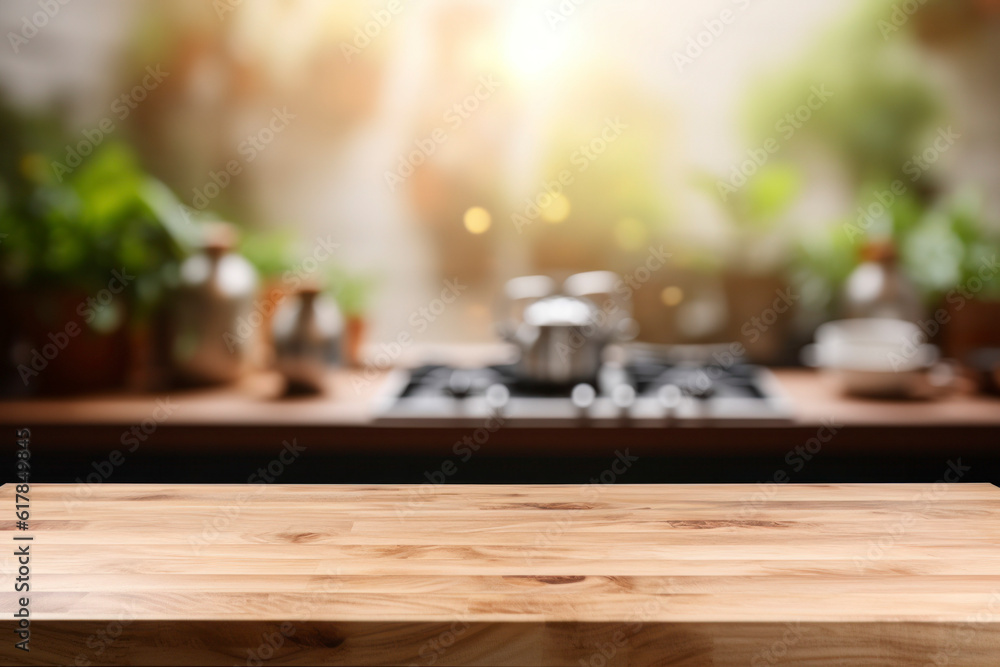 Beautiful empty brown wooden table top and blurred defocused modern kitchen interior background with daylight flare, product montage display,banner, generative ai Beautiful empty brown wooden table top and blurred defocused modern kitchen interior background with daylight flare, product montage display,banner, generative ai