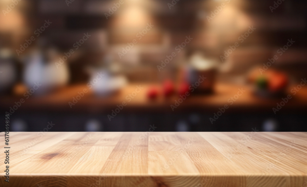 Beautiful empty brown wooden table top and blurred defocused modern kitchen interior background with daylight flare, product montage display,banner, generative ai Beautiful empty brown wooden table top and blurred defocused modern kitchen interior background with daylight flare, product montage display,banner, generative ai