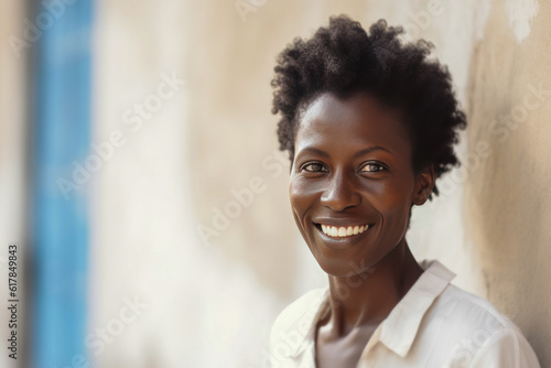 Smiling Caribbean woman posing in front of a wall.