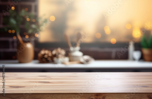 Beautiful empty brown wooden table top and blurred defocused modern kitchen interior background with daylight flare, product montage display,banner, generative ai © BrightSpace