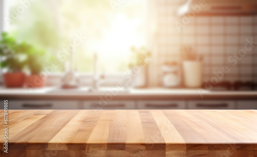 Beautiful empty brown wooden table top and blurred defocused modern kitchen interior background with daylight flare, product montage display,banner, generative ai