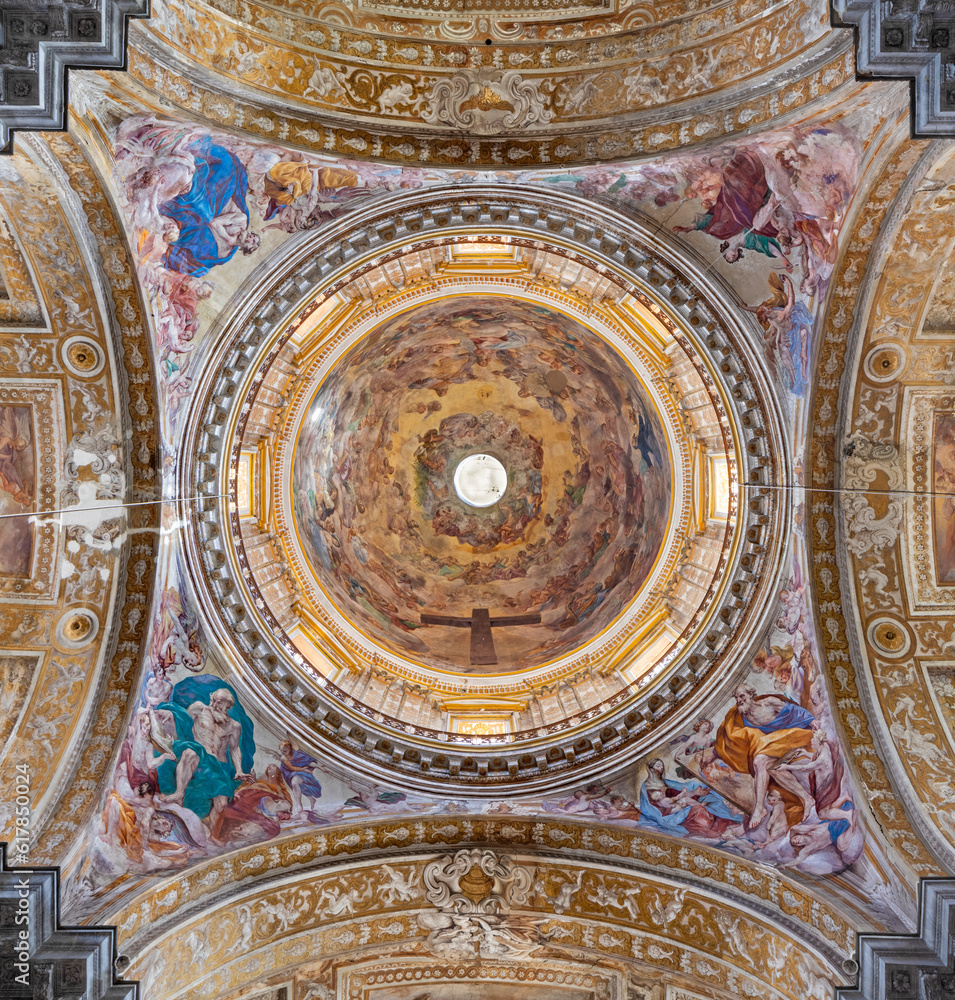Title: NAPLES, ITALY - APRIL 20, 2023: The fresco in cupola (Glory of Holy Cross) of church Basilica di Santa Maria degli Angeli a Pizzofalcone by Giovani Battista Beinaschi (1668 - 1675).