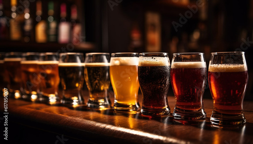 Foamy beer glass on wooden table in illuminated pub background generated by AI