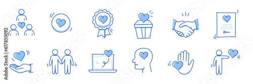 Community trust hand, social heart doodle line icon. Charity community, partnership care, people solidarity help concept icon set. Hand drawn doodle sketch style line. Vector illustration
