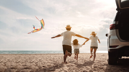 Family happy traveling enjoy in vacation with Car travel driving road trip summer vacation in car in the sunset, Dad, mom and daughter  holidays and relaxation together get the atmosphere.