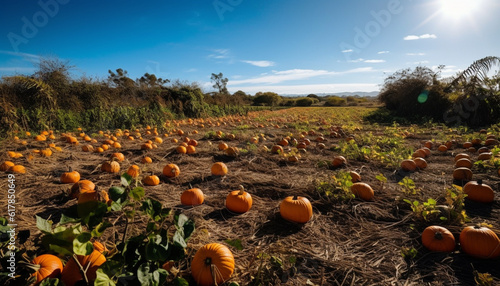 A row of ripe, organic pumpkins in a vibrant autumn meadow generated by AI