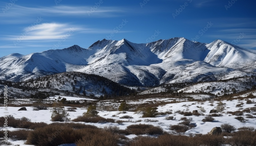 Tranquil winter landscape Majestic mountain range, frozen forest, and tranquil meadow generated by AI
