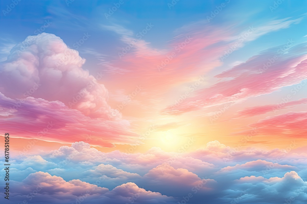 Blue sky colored with sunset light and pastel colors,   background. Generative Ai.