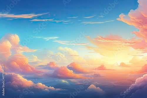 Blue sky colored with sunset light and pastel colors, background. Generative Ai.