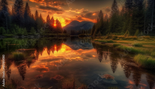 Tranquil scene of majestic mountain range reflected in tranquil pond generated by AI © Jemastock