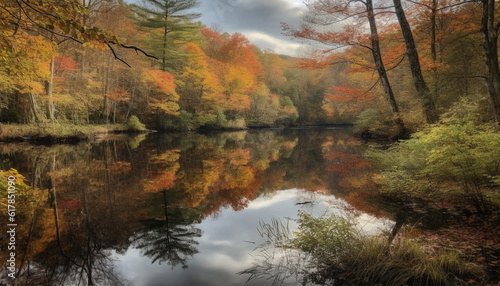Idyllic autumn landscape vibrant trees reflect on tranquil pond generated by AI